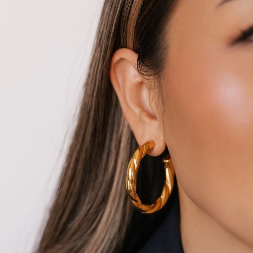 Anti tarnish bold gold twisted hoop earrings