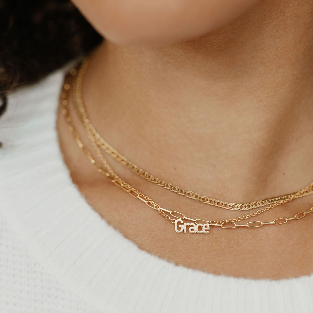 Name Necklace layered with gold chains