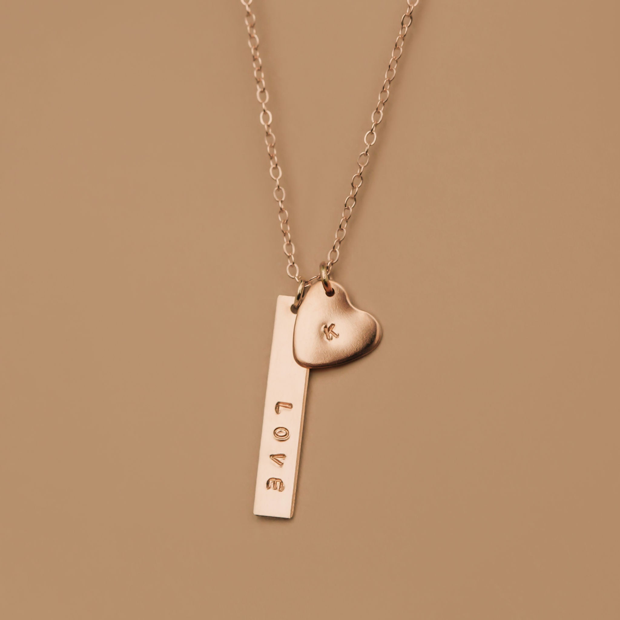 vertical bar and heart pendant hand stamped 
