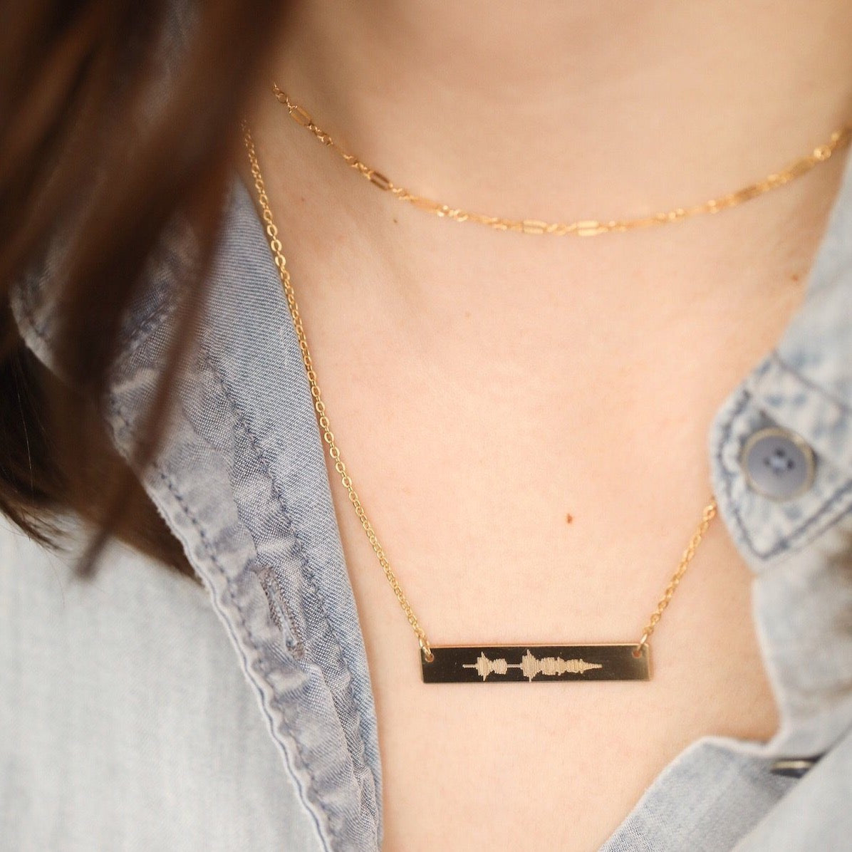 Gold handmade sparkle choker paired with handmade custom sound wave bar necklace 